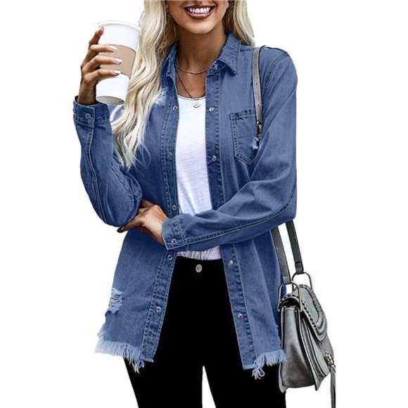 WOMEN'S Oversized Denim Jacket Casual Long A3 Blue